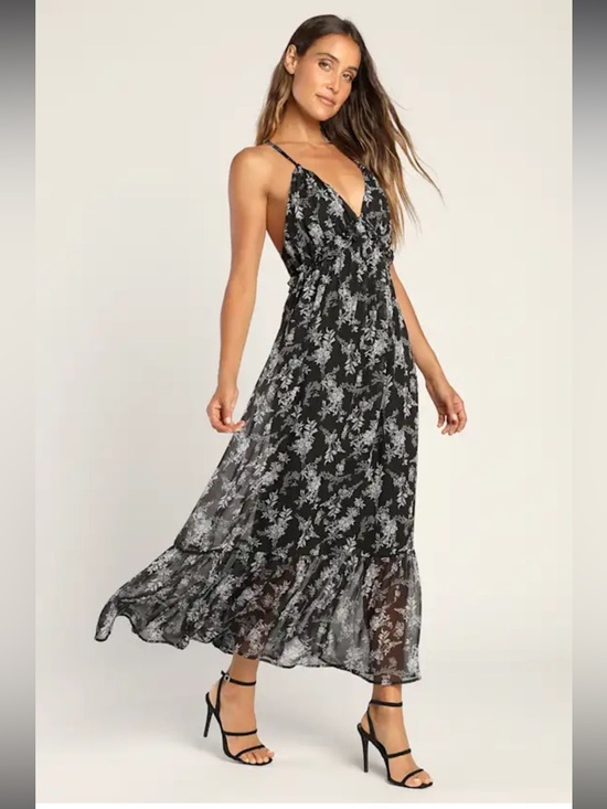Lulus Dresses & Skirts - Lulus Black Make a Mark Floral Print Strappy Backless Ruffled Maxi Dress NWOT S